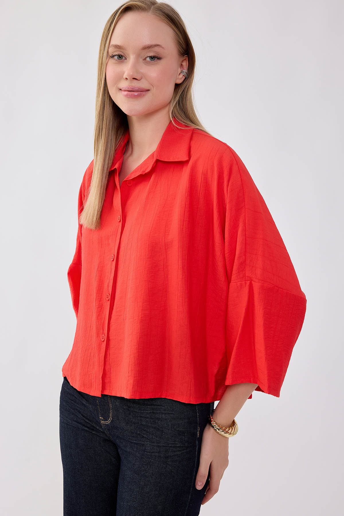 Düşük Omuz Krinkıl Kumaş Crop Gömlek - Thumbnail