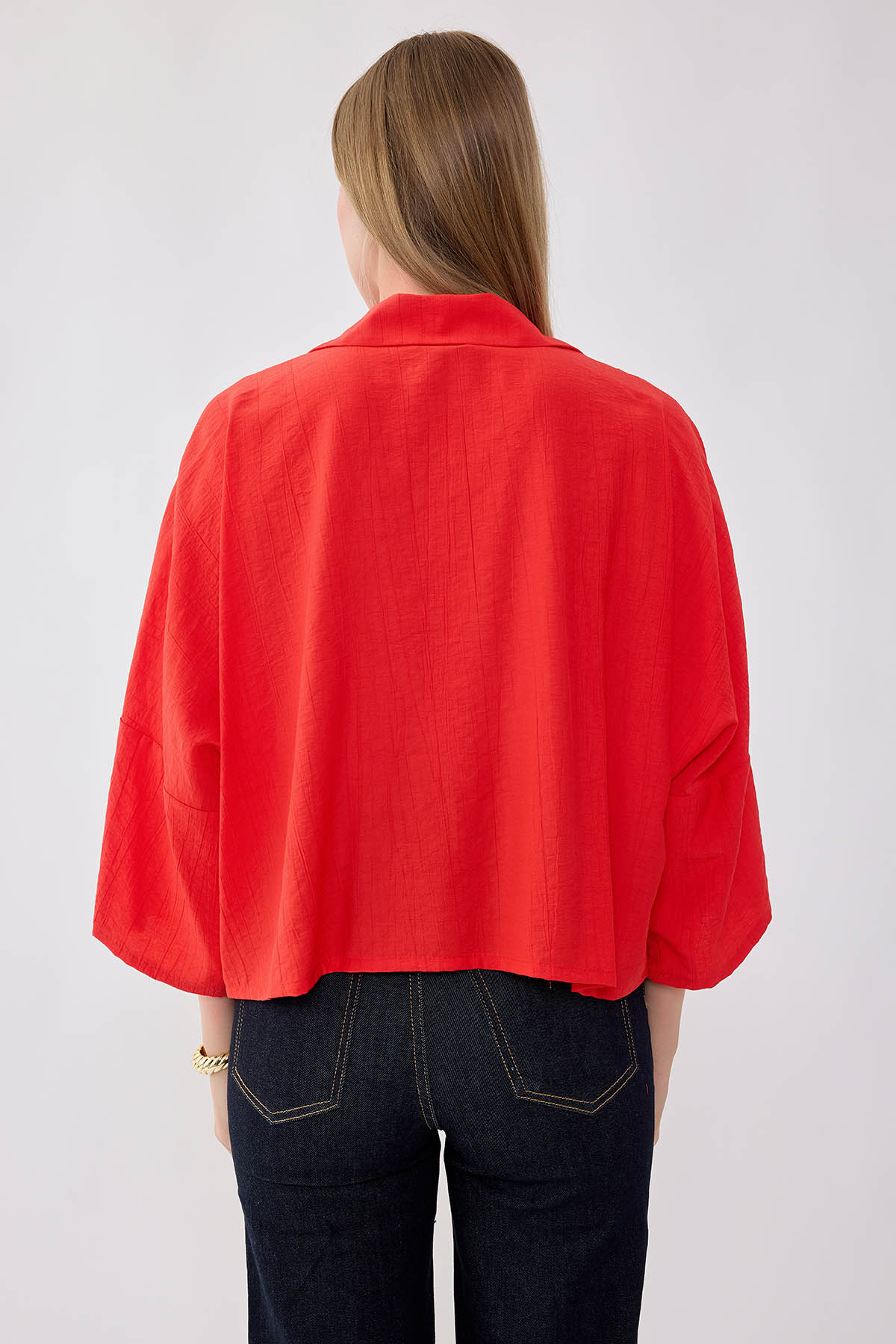 Düşük Omuz Krinkıl Kumaş Crop Gömlek - Thumbnail