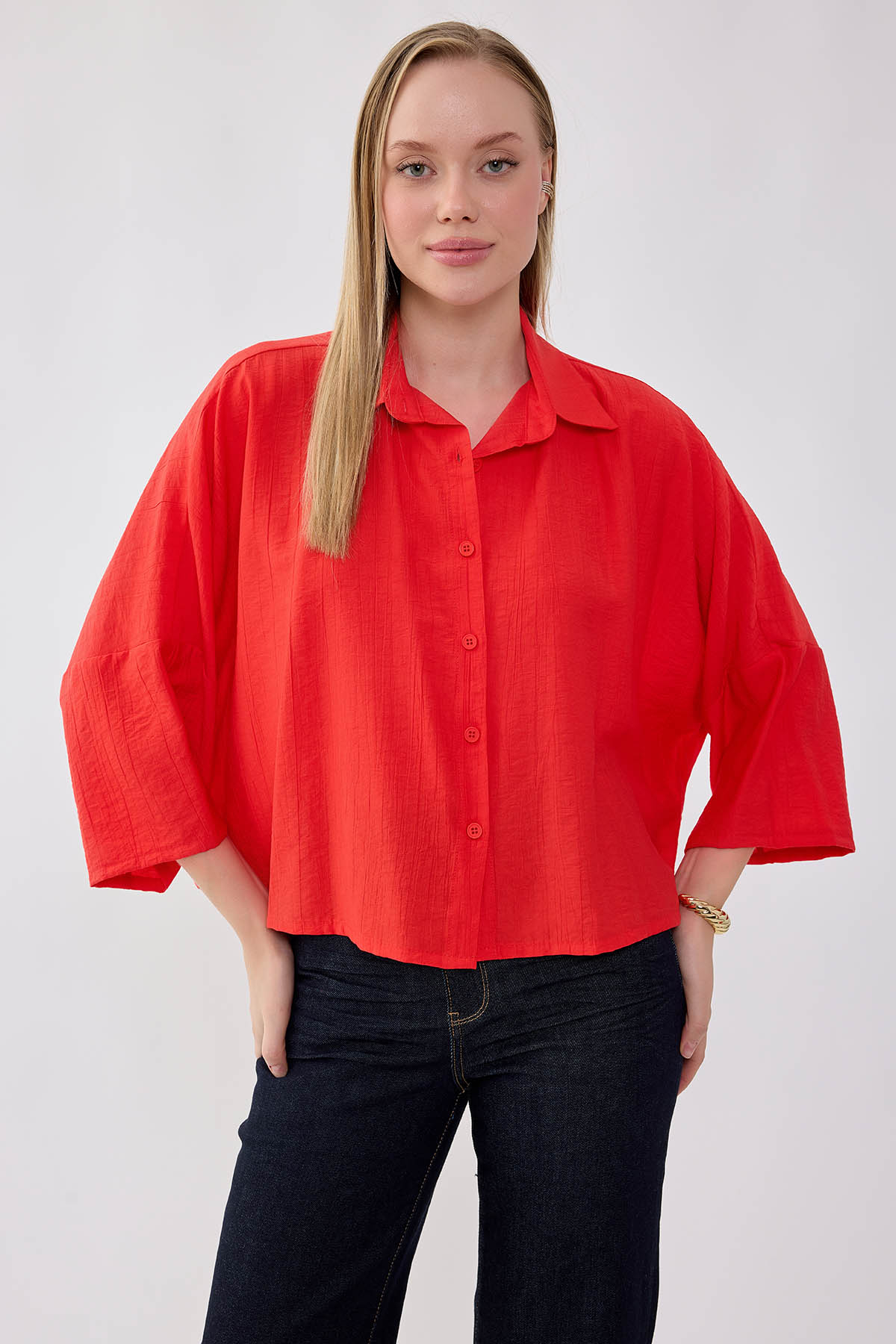 Düşük Omuz Krinkıl Kumaş Crop Gömlek - Thumbnail