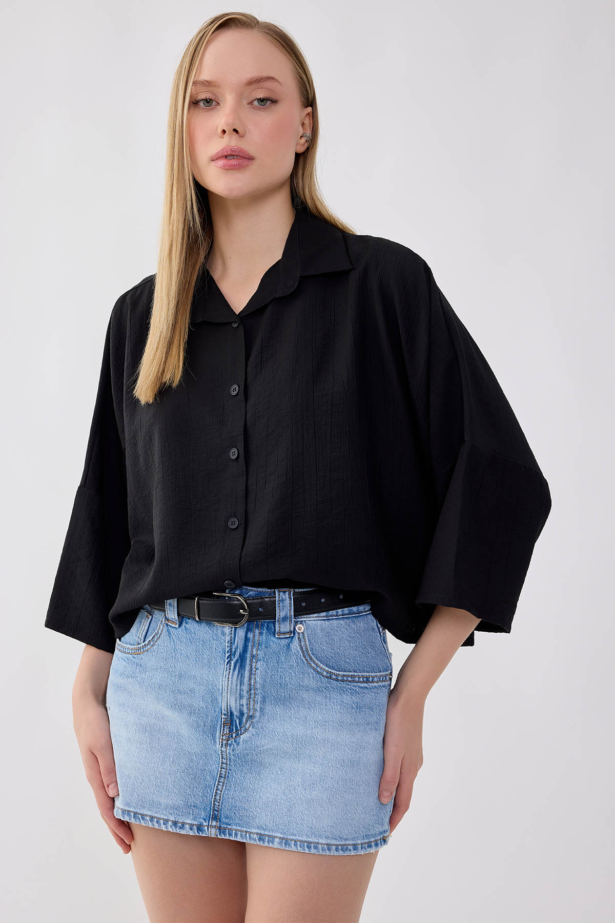 Düşük Omuz Krinkıl Kumaş Crop Gömlek - Thumbnail