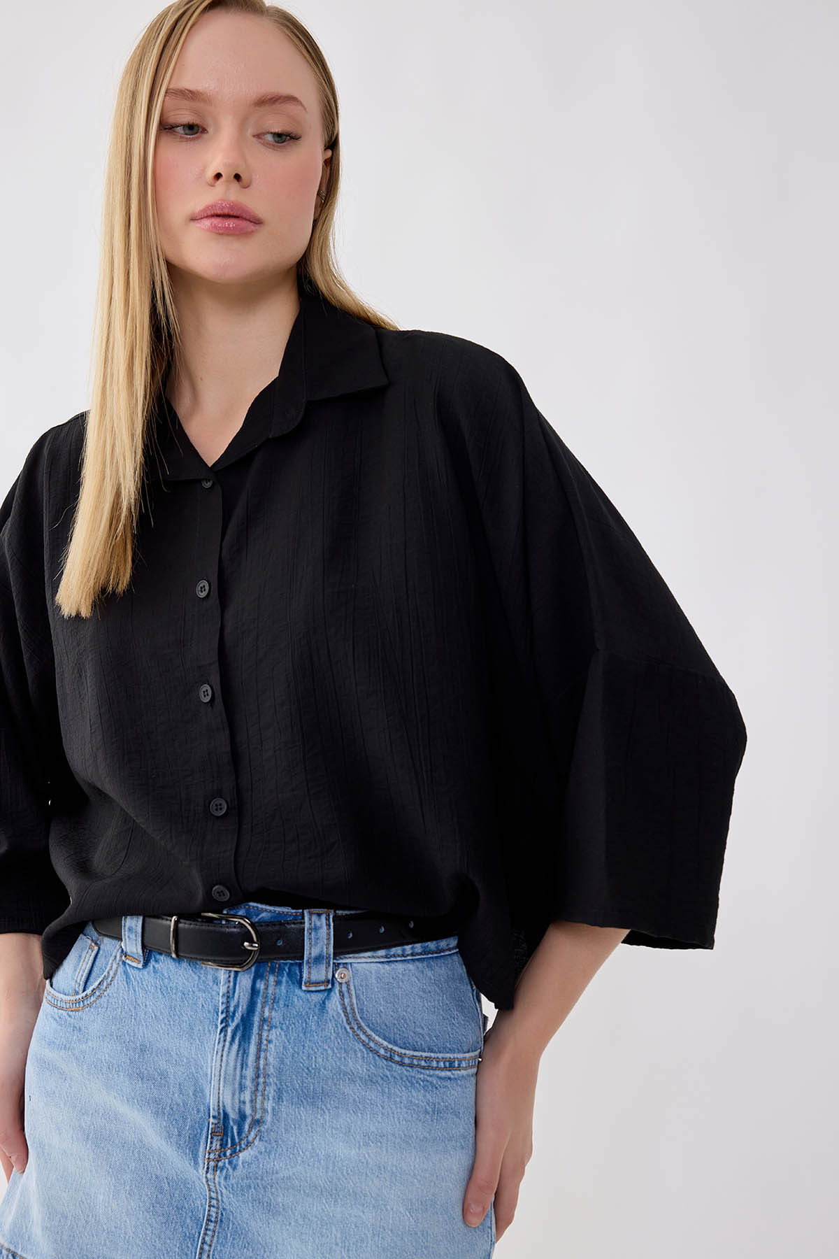 Düşük Omuz Krinkıl Kumaş Crop Gömlek - Thumbnail