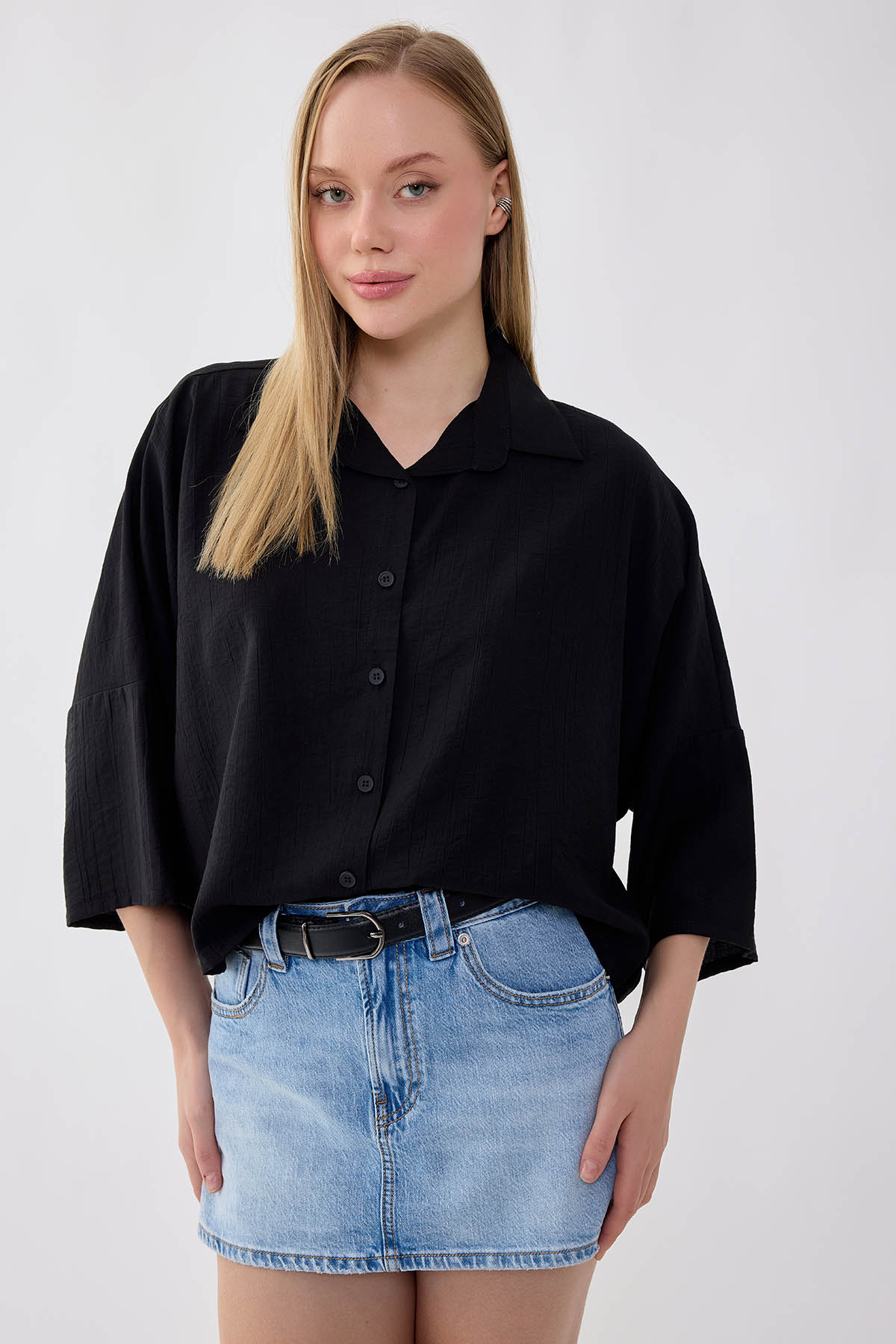 Düşük Omuz Krinkıl Kumaş Crop Gömlek - Thumbnail