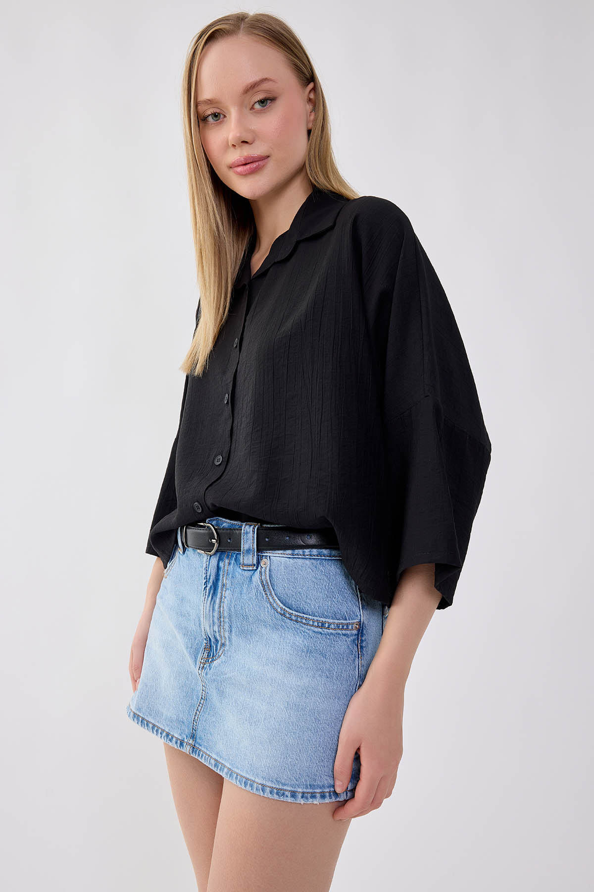 Düşük Omuz Krinkıl Kumaş Crop Gömlek - Thumbnail