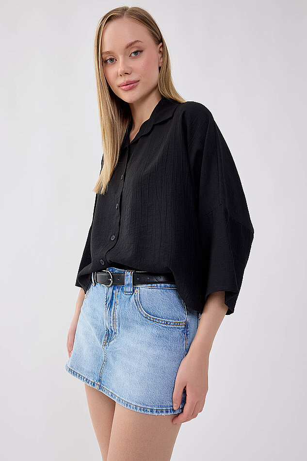 Düşük Omuz Krinkıl Kumaş Crop Gömlek - 18