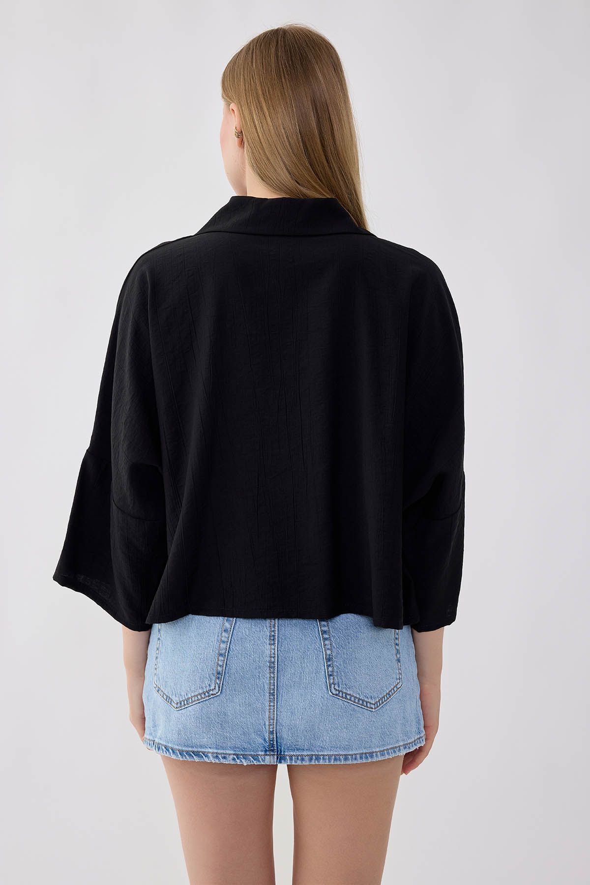 Düşük Omuz Krinkıl Kumaş Crop Gömlek - Thumbnail