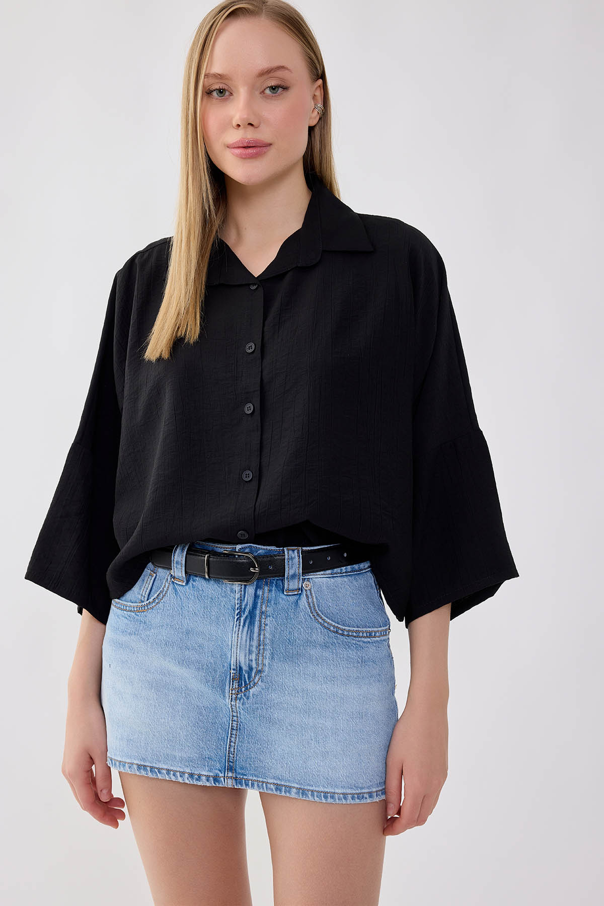 Düşük Omuz Krinkıl Kumaş Crop Gömlek - Thumbnail