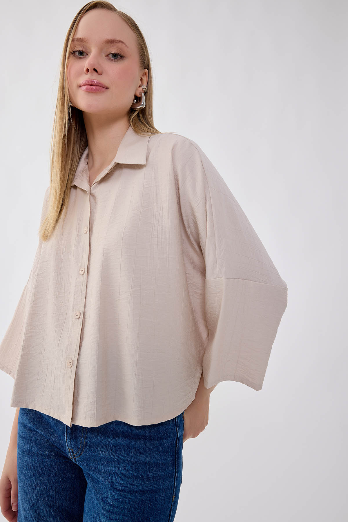 Düşük Omuz Krinkıl Kumaş Crop Gömlek - Thumbnail