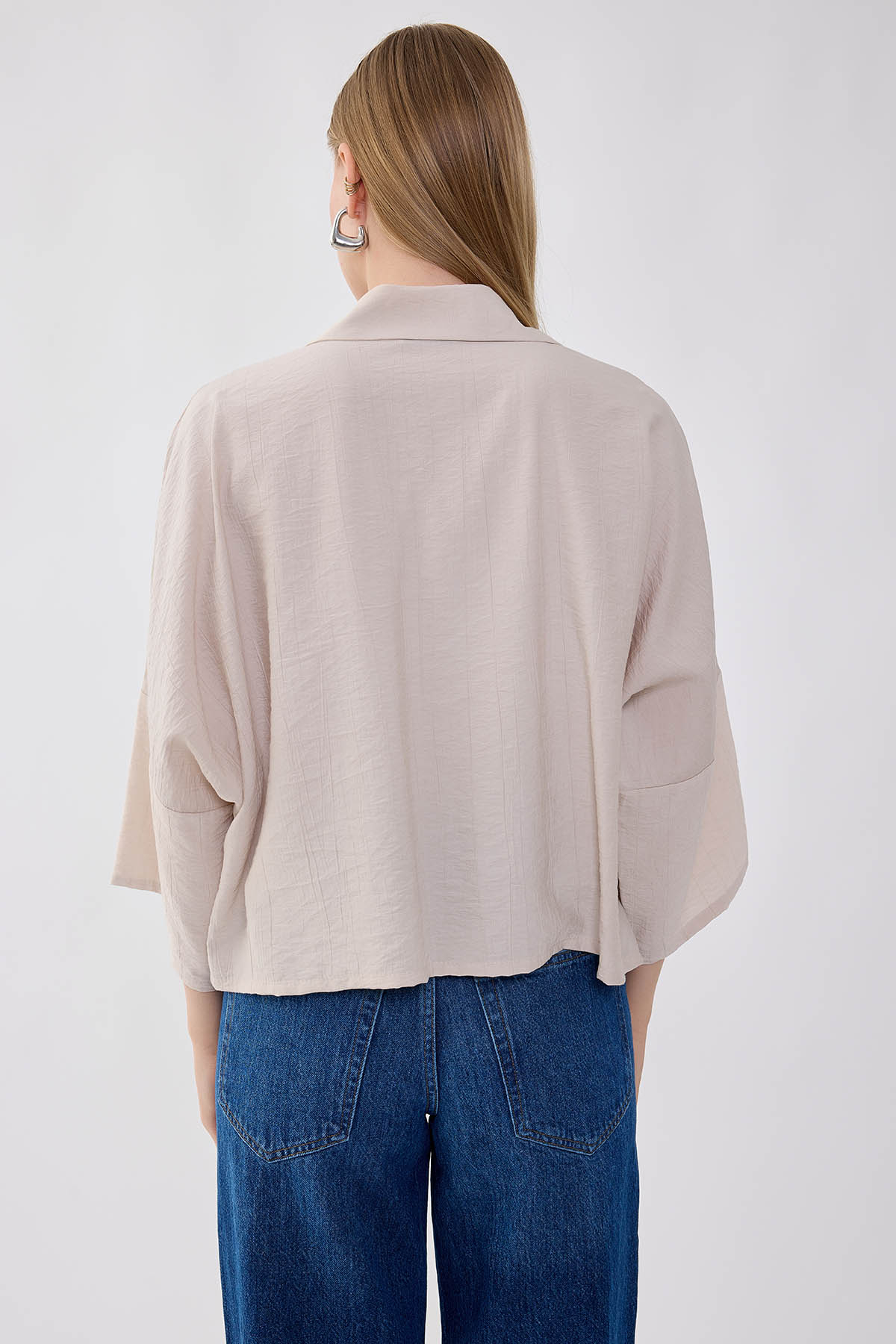 Düşük Omuz Krinkıl Kumaş Crop Gömlek - Thumbnail