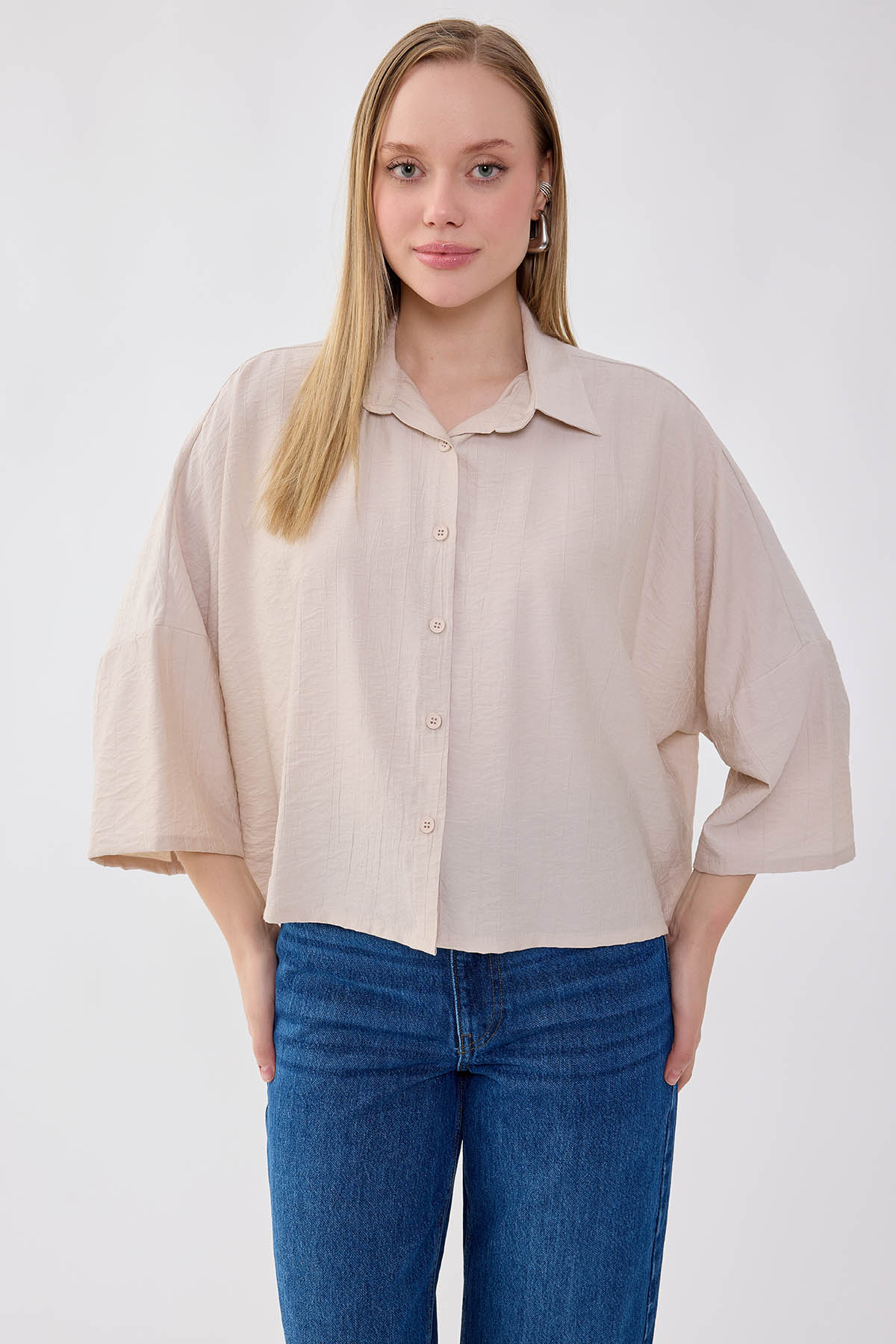 Düşük Omuz Krinkıl Kumaş Crop Gömlek - Thumbnail