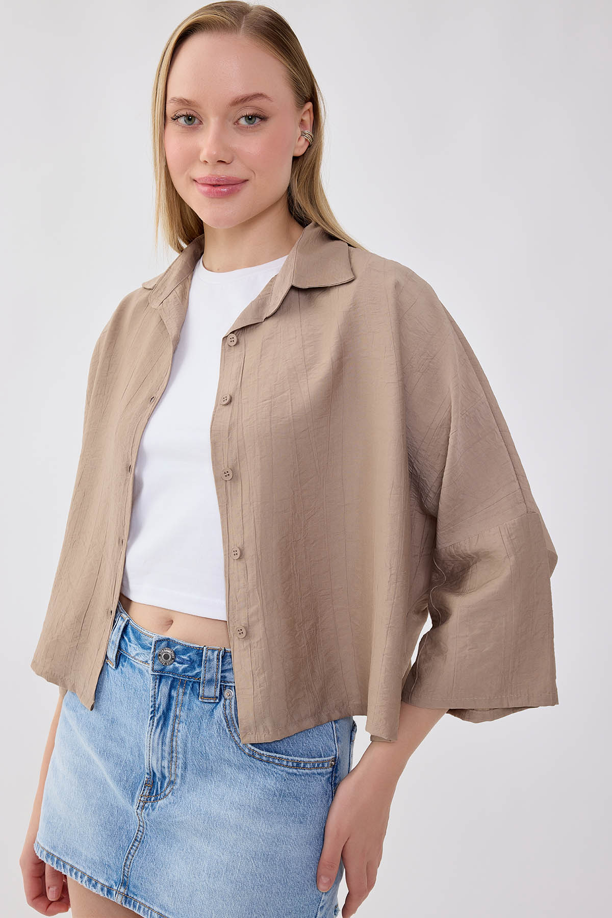 Düşük Omuz Krinkıl Kumaş Crop Gömlek - Thumbnail