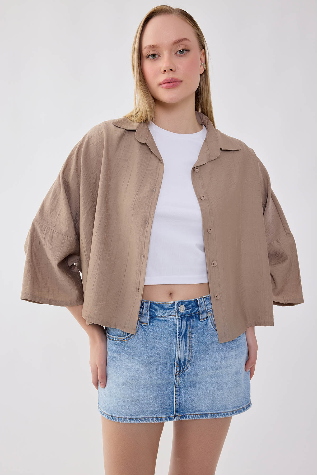 Düşük Omuz Krinkıl Kumaş Crop Gömlek - Thumbnail