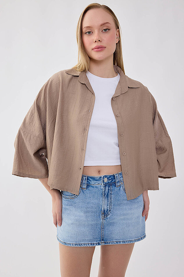 Düşük Omuz Krinkıl Kumaş Crop Gömlek - 24