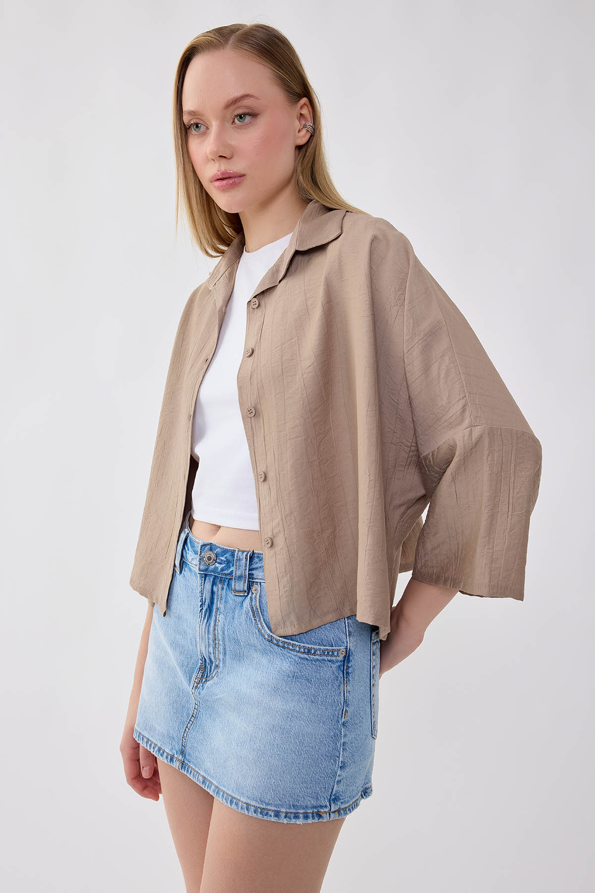 Düşük Omuz Krinkıl Kumaş Crop Gömlek - Thumbnail