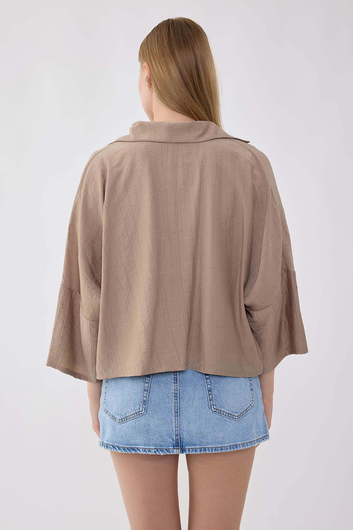 Düşük Omuz Krinkıl Kumaş Crop Gömlek - Thumbnail