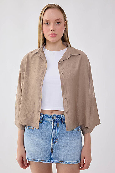Düşük Omuz Krinkıl Kumaş Crop Gömlek - 25