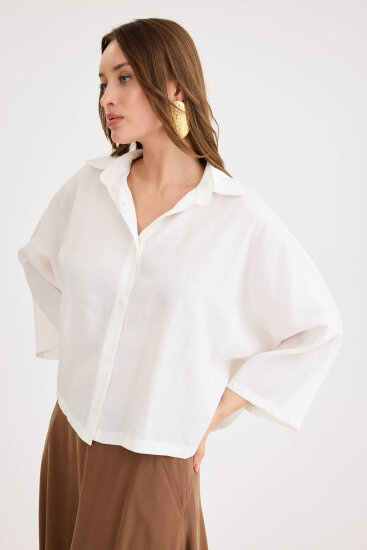 Düşük Omuz Oversize Crop Gömlek - 3