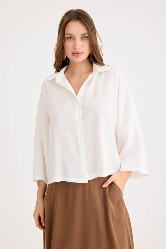 Düşük Omuz Oversize Crop Gömlek - 4