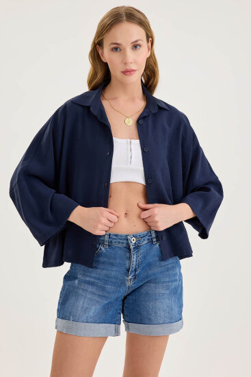 Düşük Omuz Oversize Crop Gömlek - 6