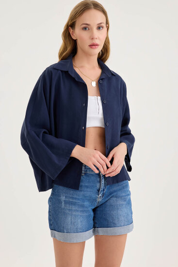 Düşük Omuz Oversize Crop Gömlek - 7