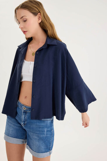 Düşük Omuz Oversize Crop Gömlek - 8