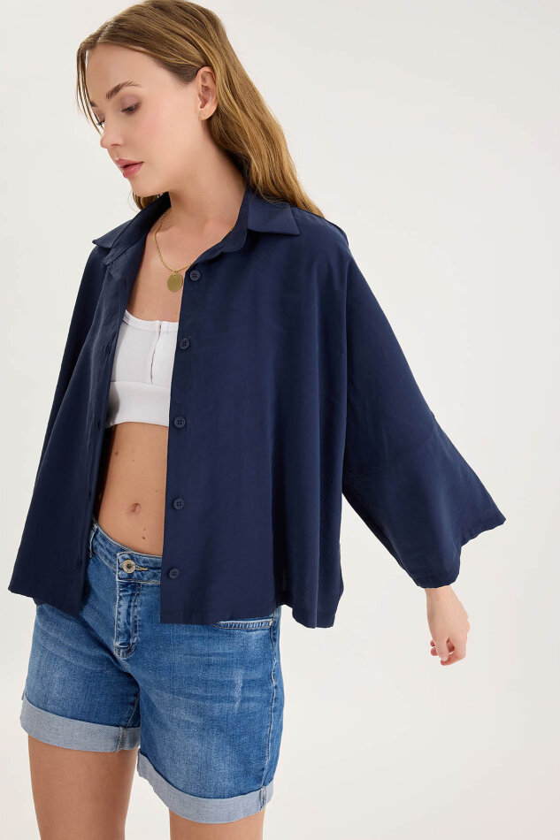 Düşük Omuz Oversize Crop Gömlek - 8