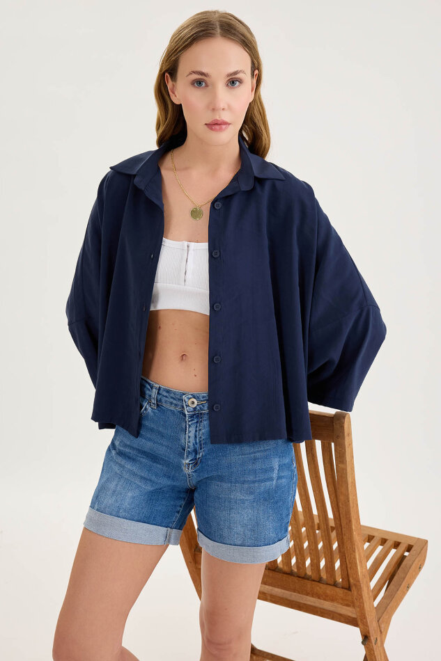 Düşük Omuz Oversize Crop Gömlek - 10