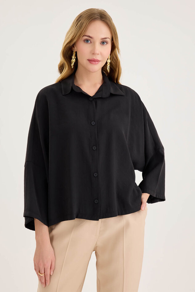 Düşük Omuz Oversize Crop Gömlek - 11