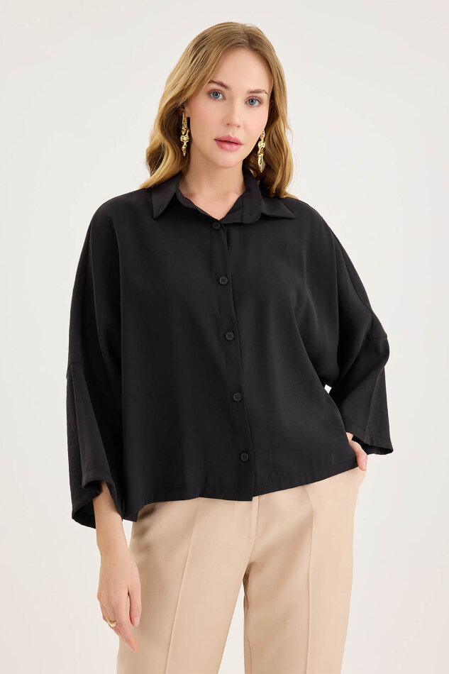 Düşük Omuz Oversize Crop Gömlek - 15