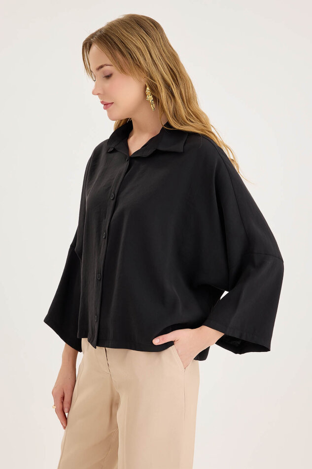 Düşük Omuz Oversize Crop Gömlek - 16