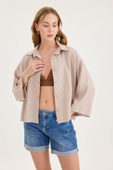 Düşük Omuz Oversize Crop Gömlek - 18