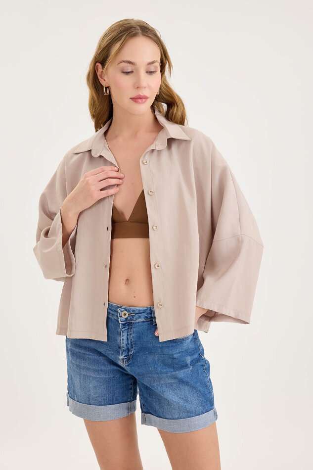 Düşük Omuz Oversize Crop Gömlek - 18