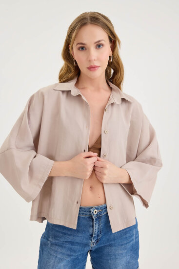 Düşük Omuz Oversize Crop Gömlek - 19