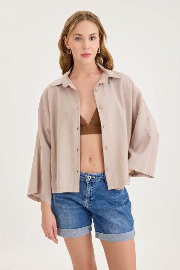 Düşük Omuz Oversize Crop Gömlek - 17