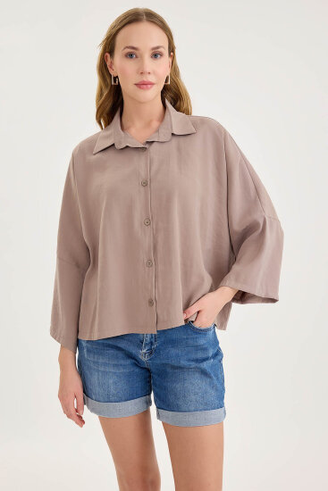 Düşük Omuz Oversize Crop Gömlek - 23