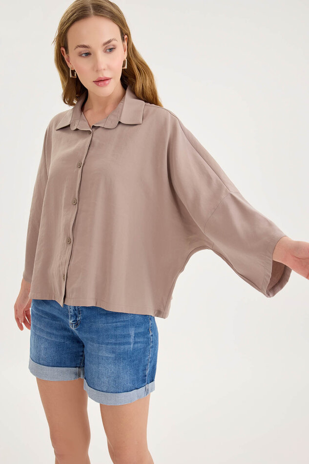 Düşük Omuz Oversize Crop Gömlek - 27