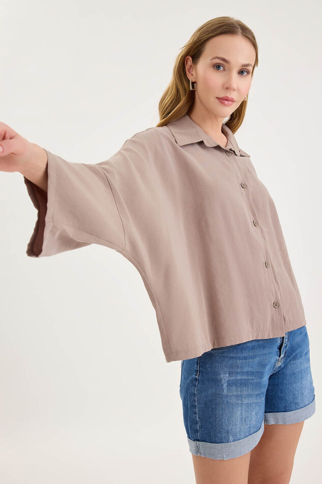 Düşük Omuz Oversize Crop Gömlek - 28