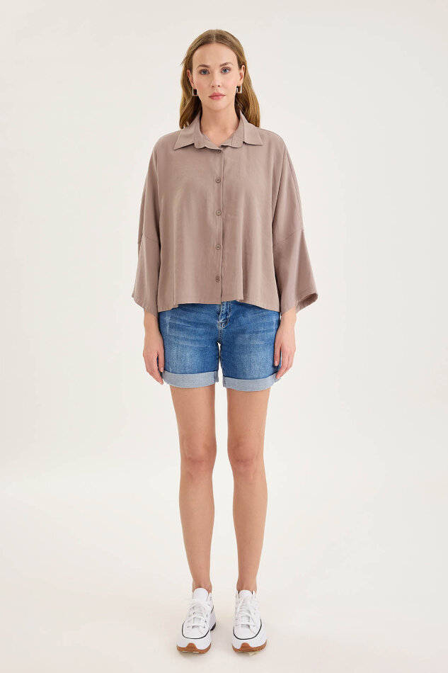 Düşük Omuz Oversize Crop Gömlek - 24