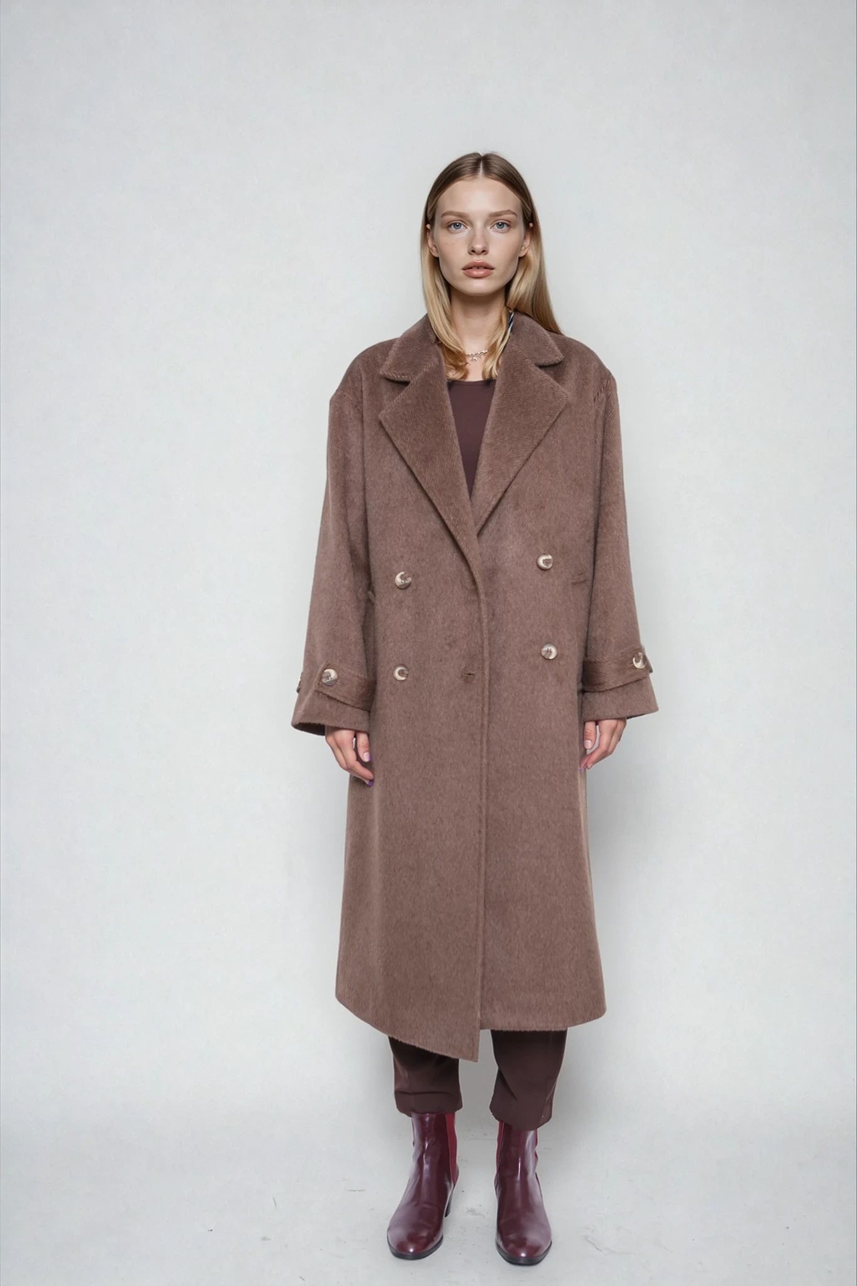 Düşük Omuz Uzun Kaşe Kaban - Thumbnail