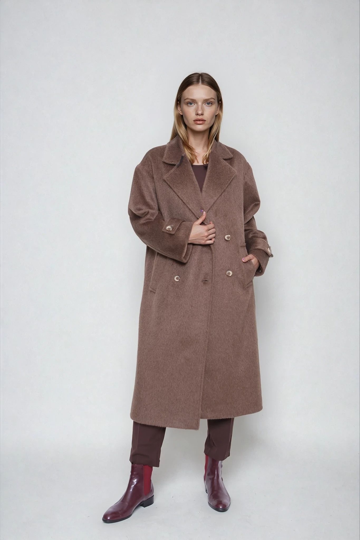 Düşük Omuz Uzun Kaşe Kaban - Thumbnail