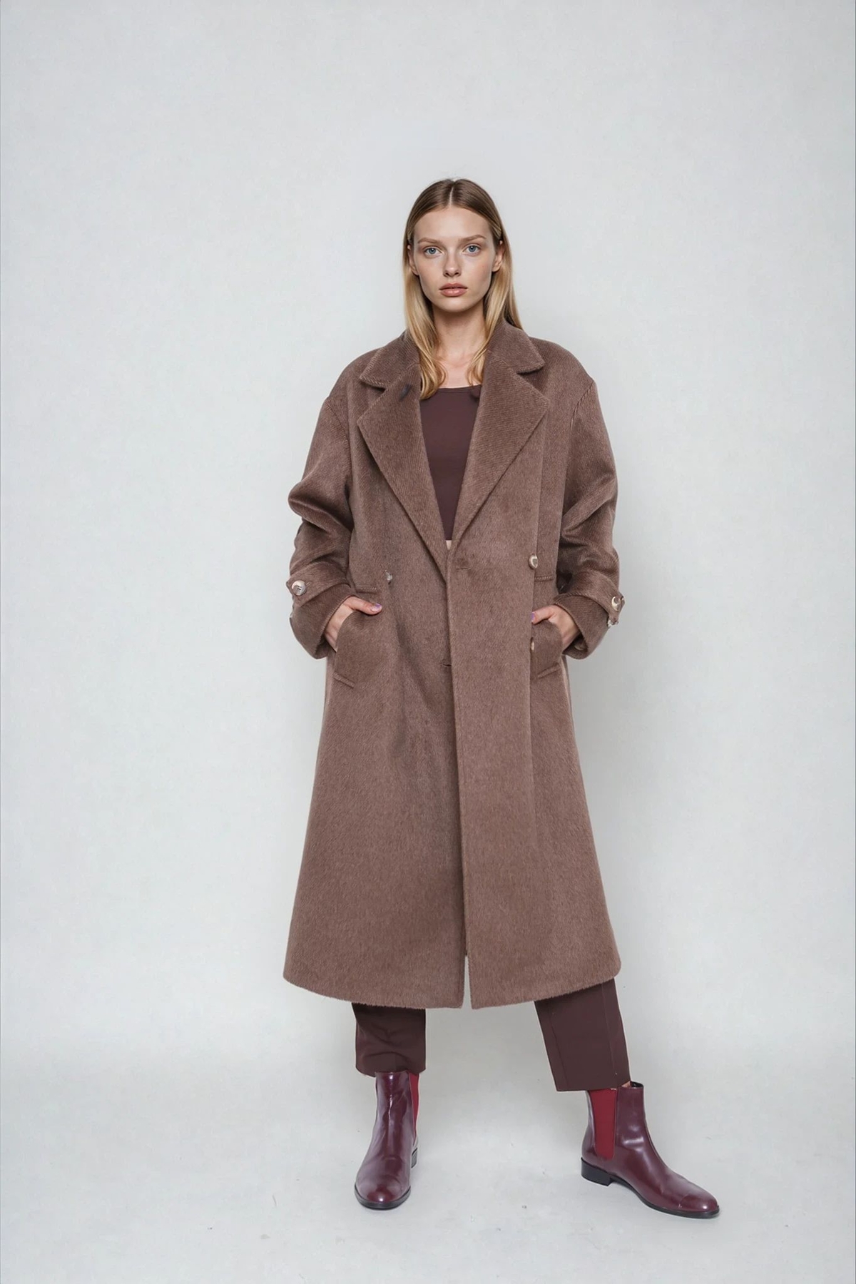 Düşük Omuz Uzun Kaşe Kaban - Thumbnail