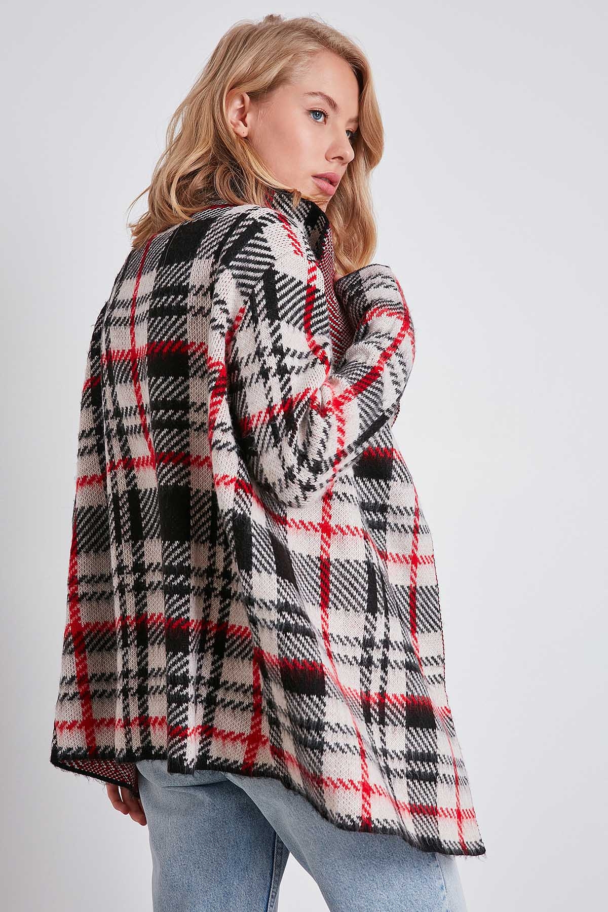 Ekose Desen Şal Yaka Triko Hırka - Thumbnail