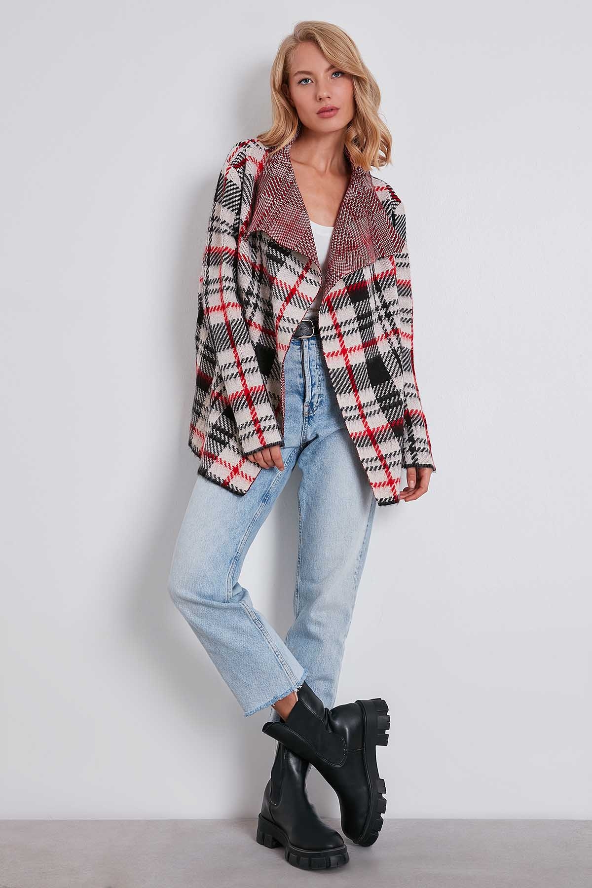 Ekose Desen Şal Yaka Triko Hırka - Thumbnail