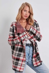 Ekose Desen Şal Yaka Triko Hırka - Thumbnail