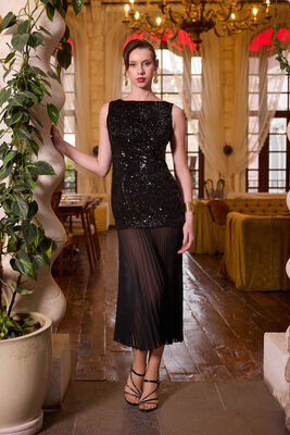 Eteği Tüllü Pullu Elbise - 1