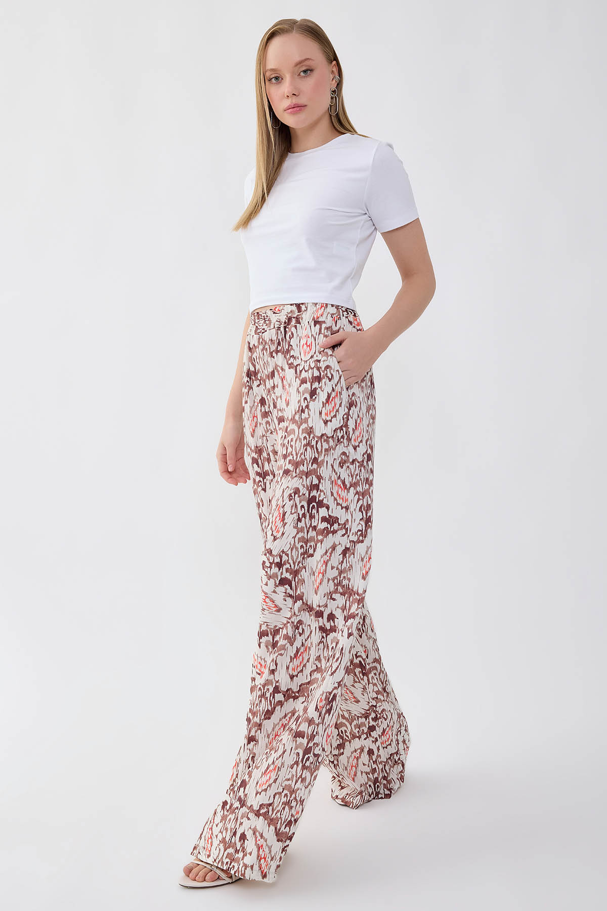 Etnik Desen Beli Lastikli Geniş Paça Pantolon - Thumbnail