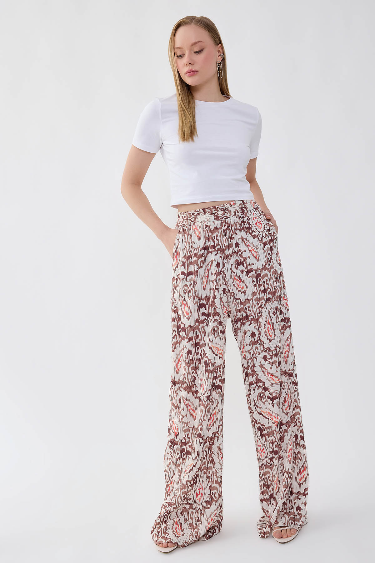 Etnik Desen Beli Lastikli Geniş Paça Pantolon - Thumbnail