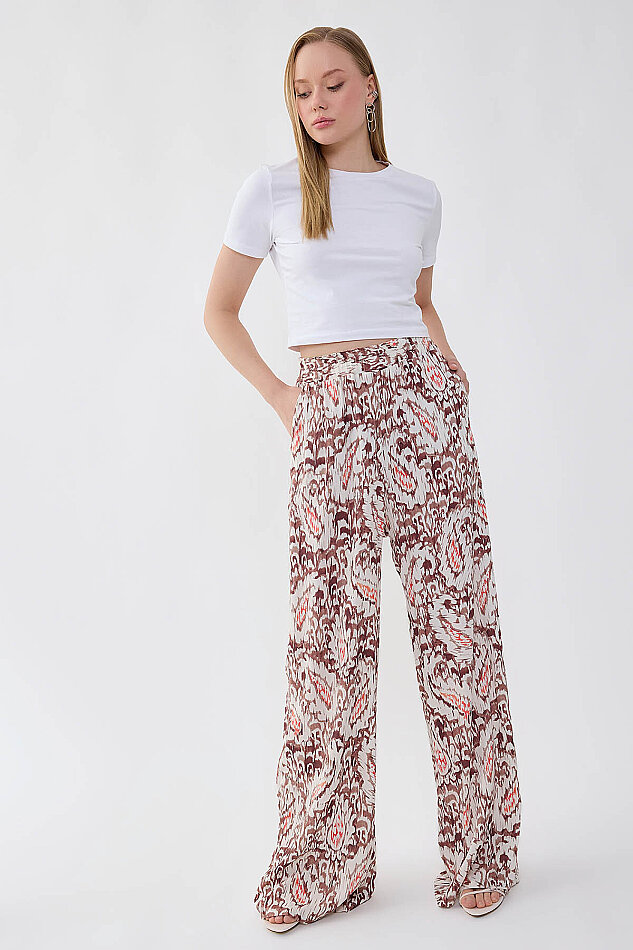 Etnik Desen Beli Lastikli Geniş Paça Pantolon - 4