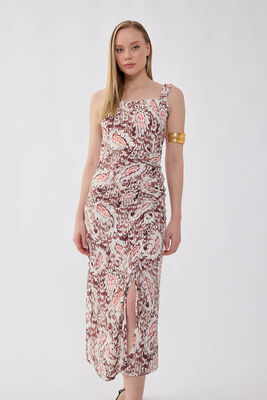 Etnik Desen Önü Büzgülü Elbise