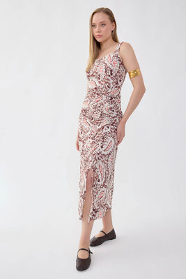 Etnik Desen Önü Büzgülü Elbise (1)