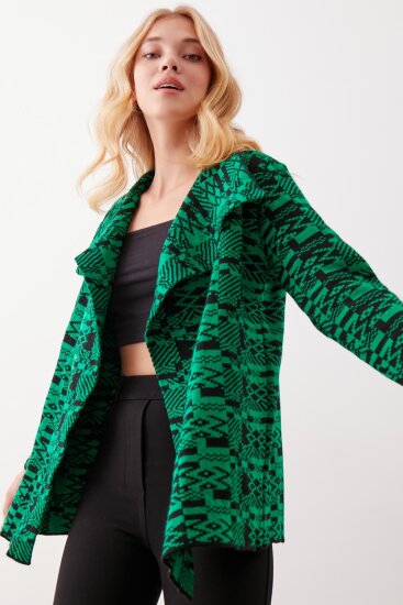 Etnik Desenli Şal Yaka Triko Hırka - 1